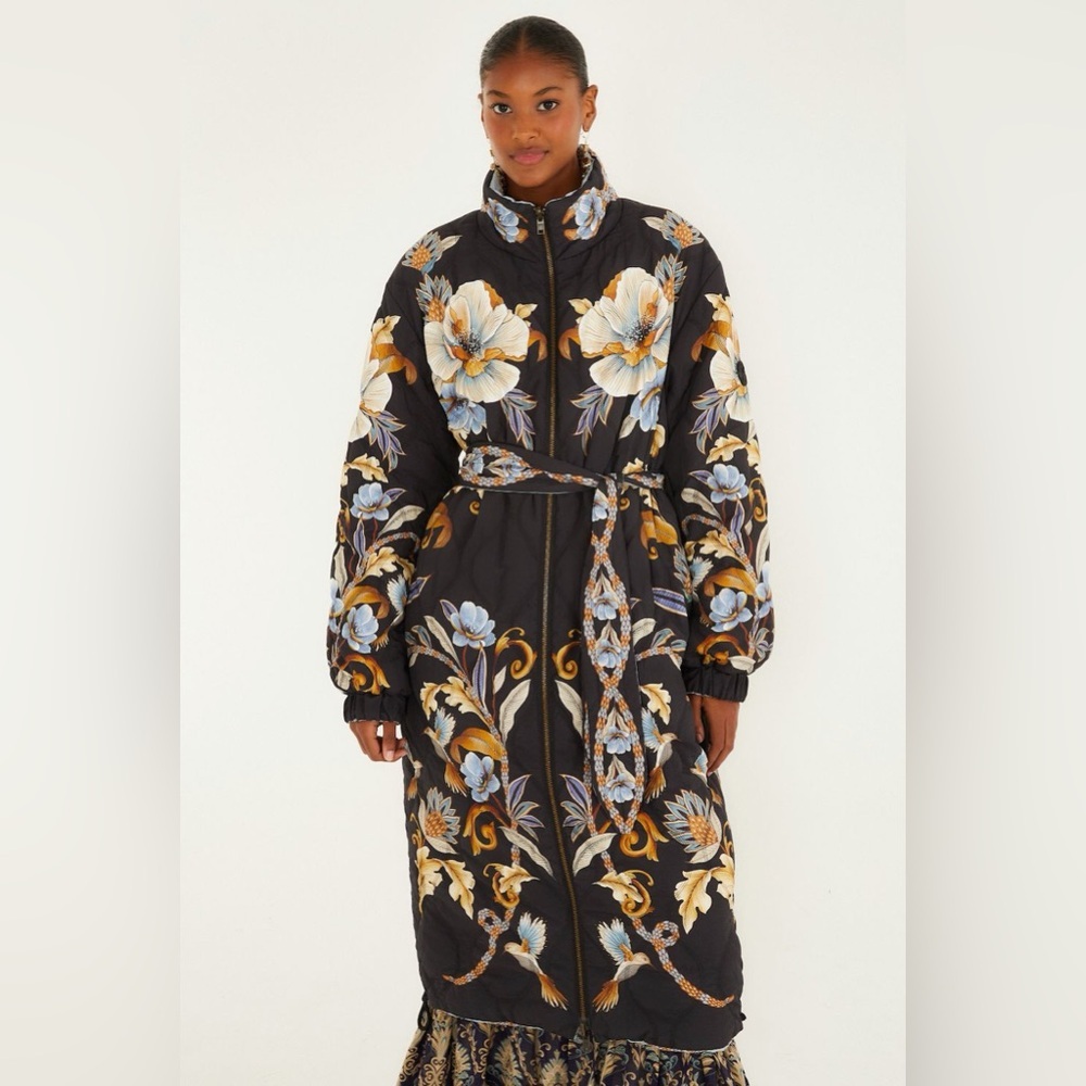 Farm Rio: Black Flowerful Snake Garden Reversible Maxi Puffer Jacket - Picture 13 of 14